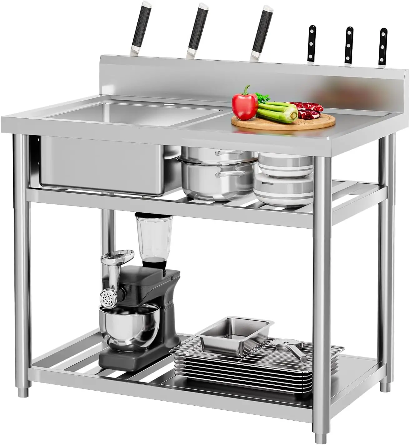 Commercial Kitchen Double Sink - Fregadero Utilitario de Acero Inoxidable, Fregaderos
